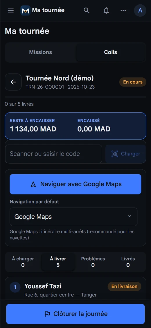 Page « Ma tournée » du livreur sur son téléphone (données de démonstration).