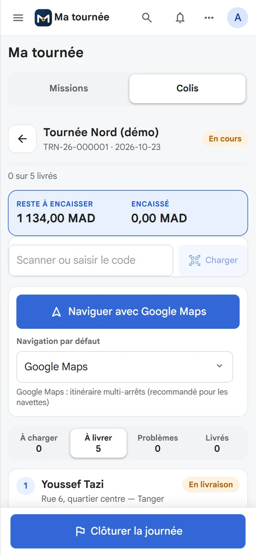 Page « Ma tournée » du livreur sur son téléphone (données de démonstration).