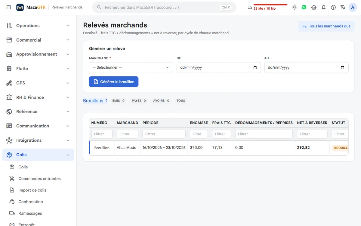 Le relevé marchand : encaissé, frais TTC, dédommagements et reprises, net à reverser (données de démonstration).
