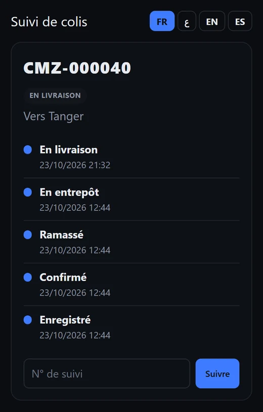 Page de suivi public d’un colis : la ville et le statut seulement (données de démonstration).